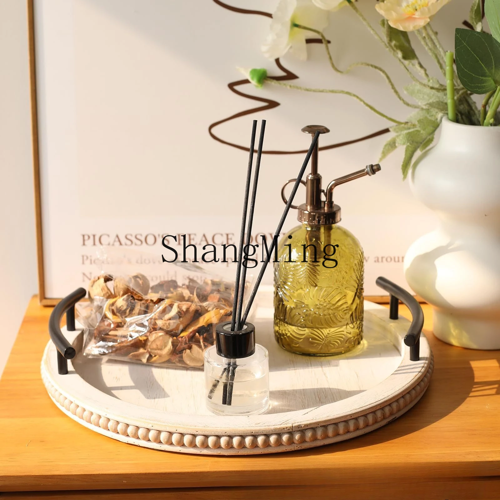 DSA round wooden tray with handle round with wooden beads garland decorative tray wooden tray
