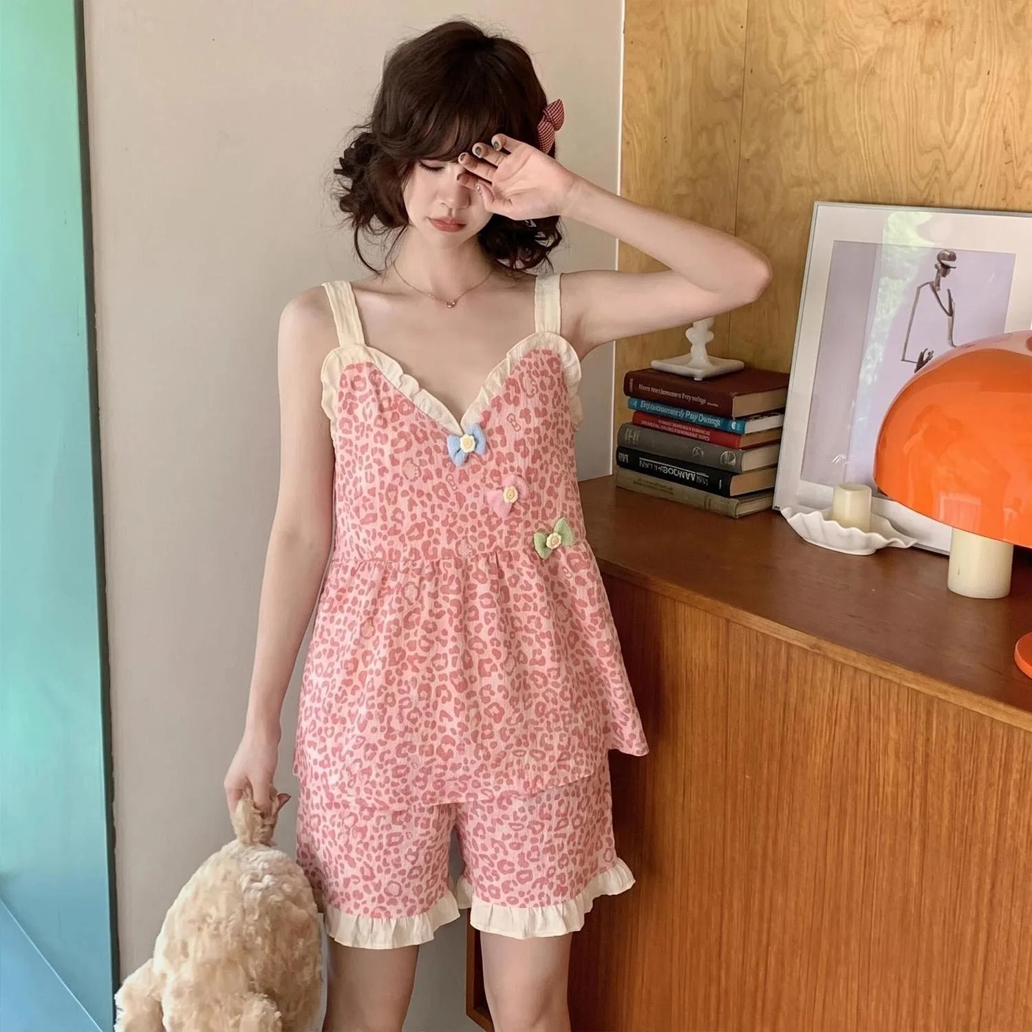 Korean Women Pajamas with Chest Pad Vest Shorts 2 Pieces Set Summer Princess Cute Camisole Shorts Sleep Home Suit  