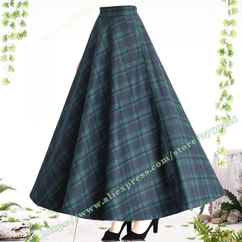 

2023 New Plus Size Women's Plaid Vintage Style Woolen Elegant Long Maxi Big Hem Umbrella Ladies Skirt Winter Woman Clothes