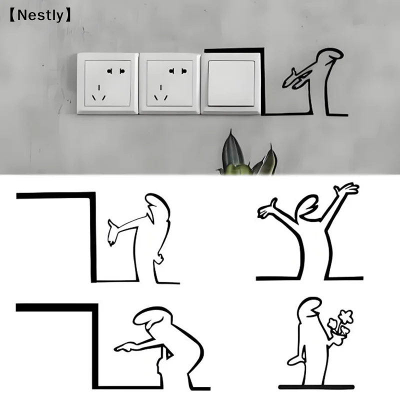 Minimalist La Linea Switch Sticker Cartoon Character Power Switch Decal Line Drawing Design Wall Decor For Home, Office〔Nest〕