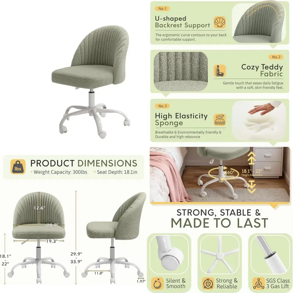 

Modern Green Teddy Velvet Armless Swivel Chair with Wheels for Home Office Desk