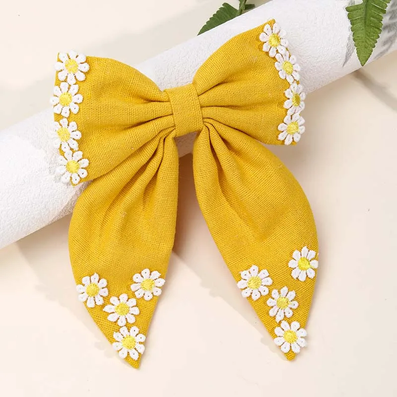 ncmama Fashion Daisy Bow Hair Clip Embroidered Bow Hairpin for Women Girl Cute Large Bowknote Barrettes Boutique Hair Accessorie