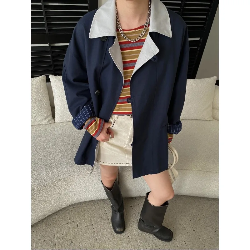 

French Style Lapel Loose Casual Mid-Length Trench Coat Beige Navy Contrast Collar Coat Oversized Casual Jacket For Women U0JE