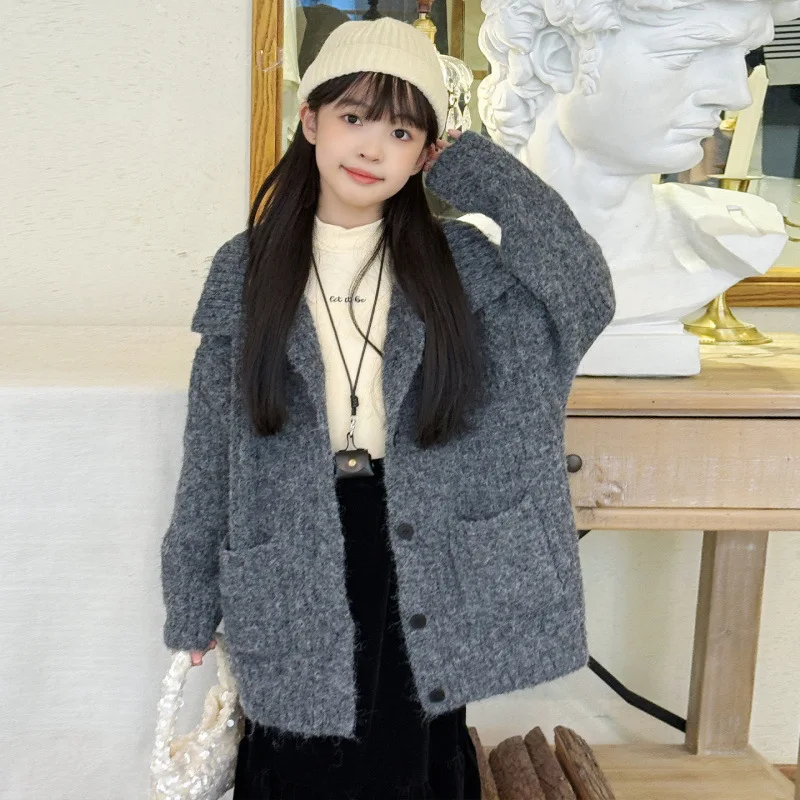

Girls Sweater 2025 New Autumn and Winter Warm Long Knitted Cardigan Jacket