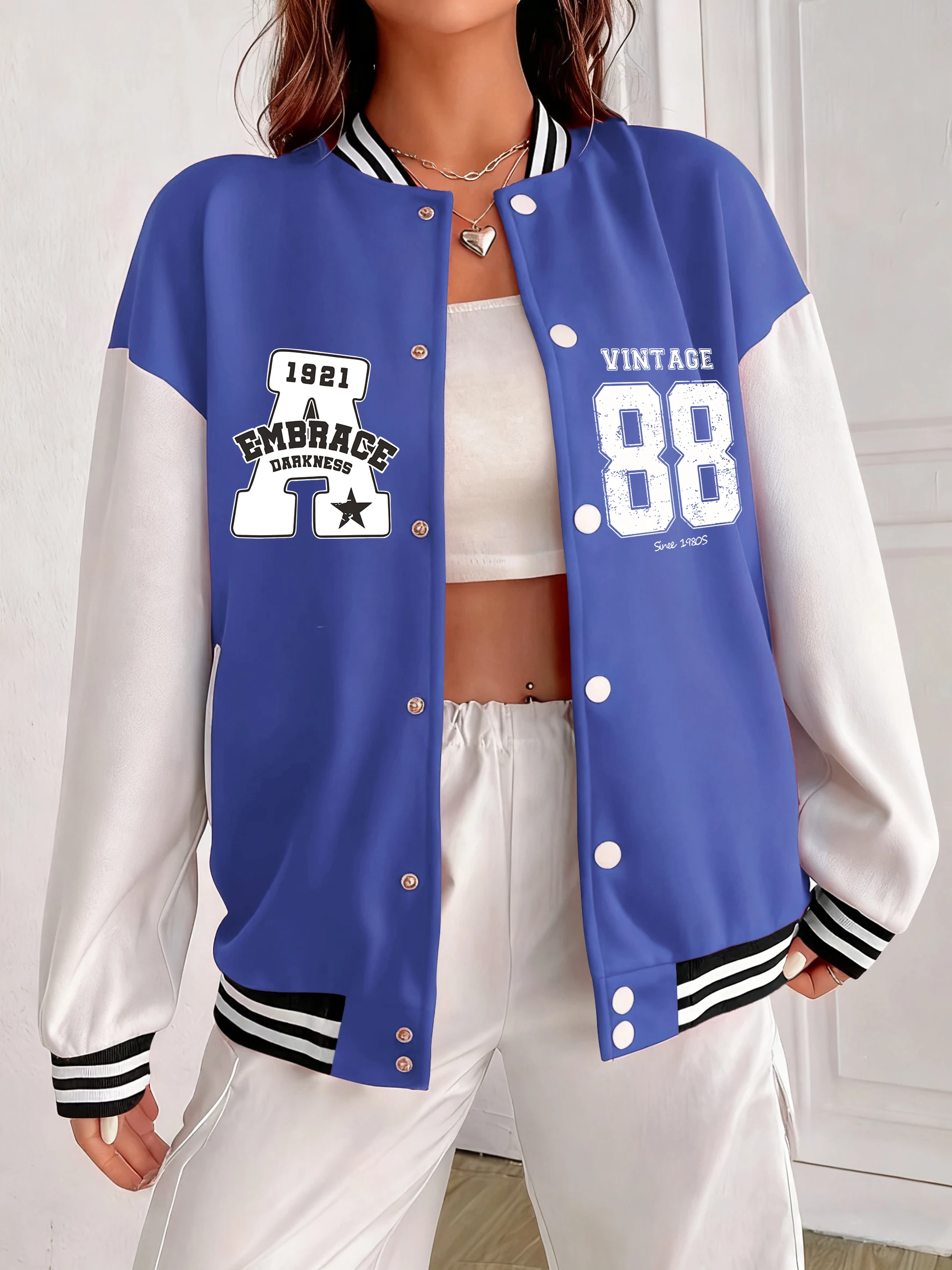 

Женские куртки с принтом Embrace Vint Age 88, повседневная бейсбольная форма на пуговицах, хлопковая одежда больших размеров, осенняя мягкая женская спортивная одежда