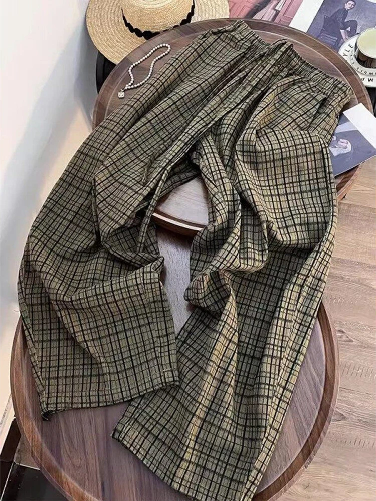 

American Retro Plaid Men's Wide Leg Pants Summer Trendy Brand Knife Cleanfit Straight Casual Pants High Waist Zipper Fly