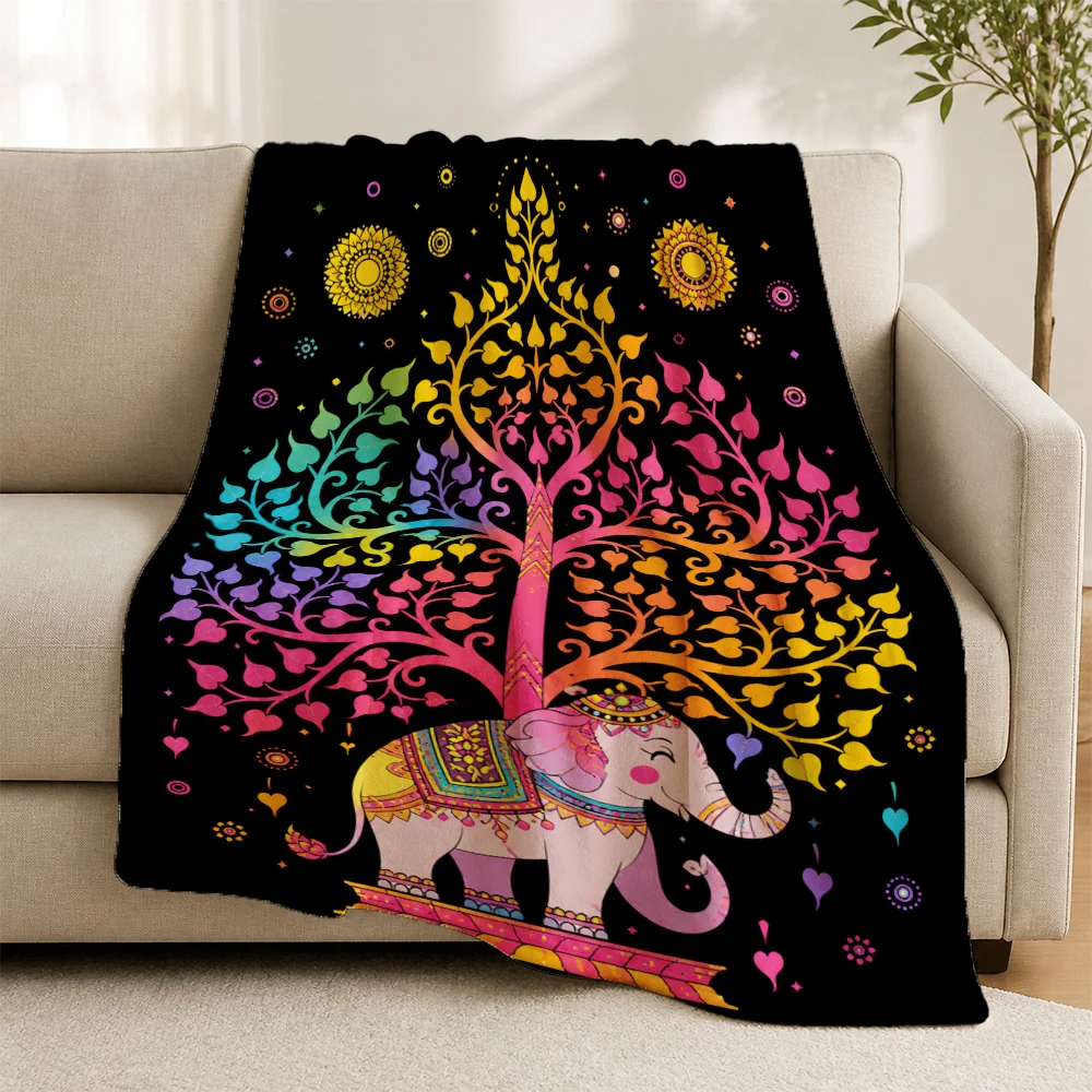Aesthetic Boho Mandala Elephant Tree of Life Pattern Throw Blanket Couch Cover Bohemian Living Room Accent Decor