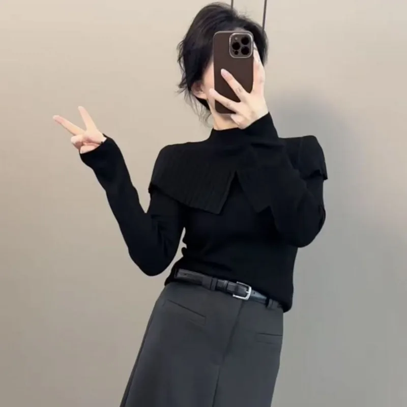 سترة صوفية أنيقة بنصف الياقة المدورة للنساء، سترة داخلية رفيعة وعصرية ومتعددة الاستخدامات #6