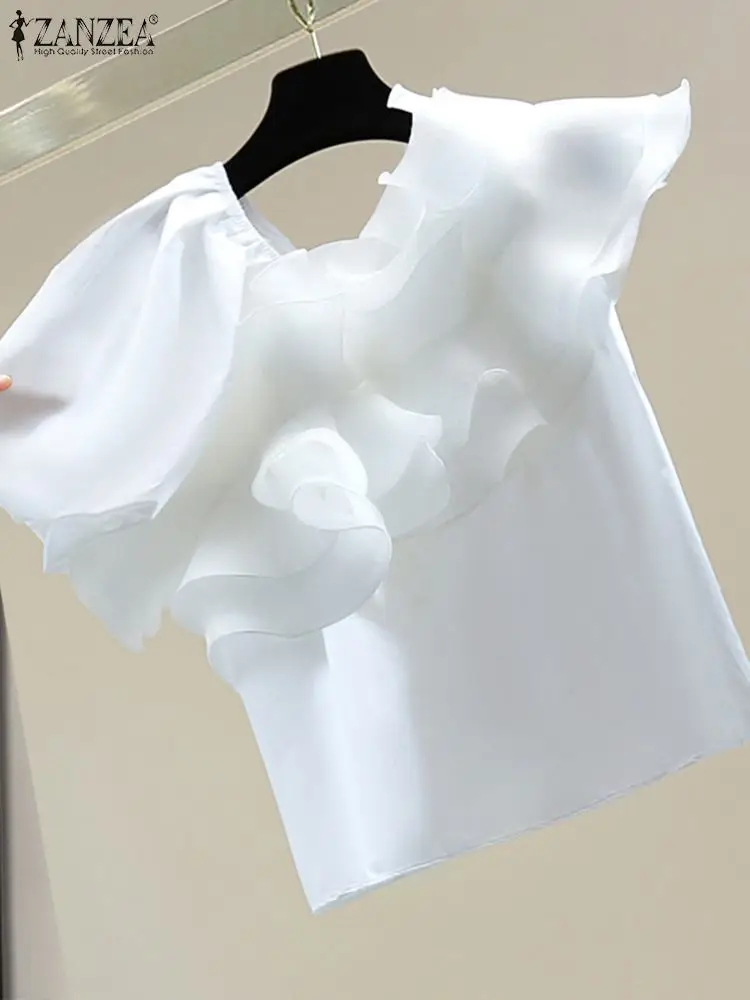 

ZANZEA Women Ruffle Stitching Blouse 2024 Summer Short Sleeve Shirts Fashion Solid Color Tunics Casual Loose Asymmetrical Tops