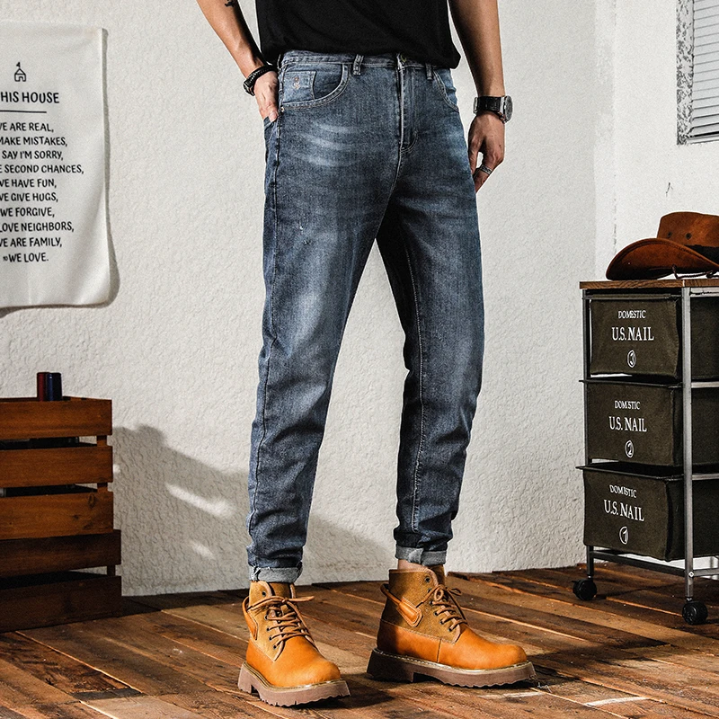 

Slim Fit Men's Casual Jeans Summer Thin Version Korean Style Elastic Straight Leg Long Trousers Youth Fashion Wear Resistant