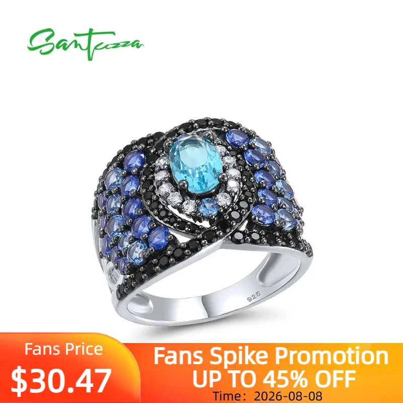 SANTUZZA Real 925 Sterling Silver Solitaire Ring For Women Sparkling Blue And Black Spinel White CZ Gorgeous Party Fine Jewelry