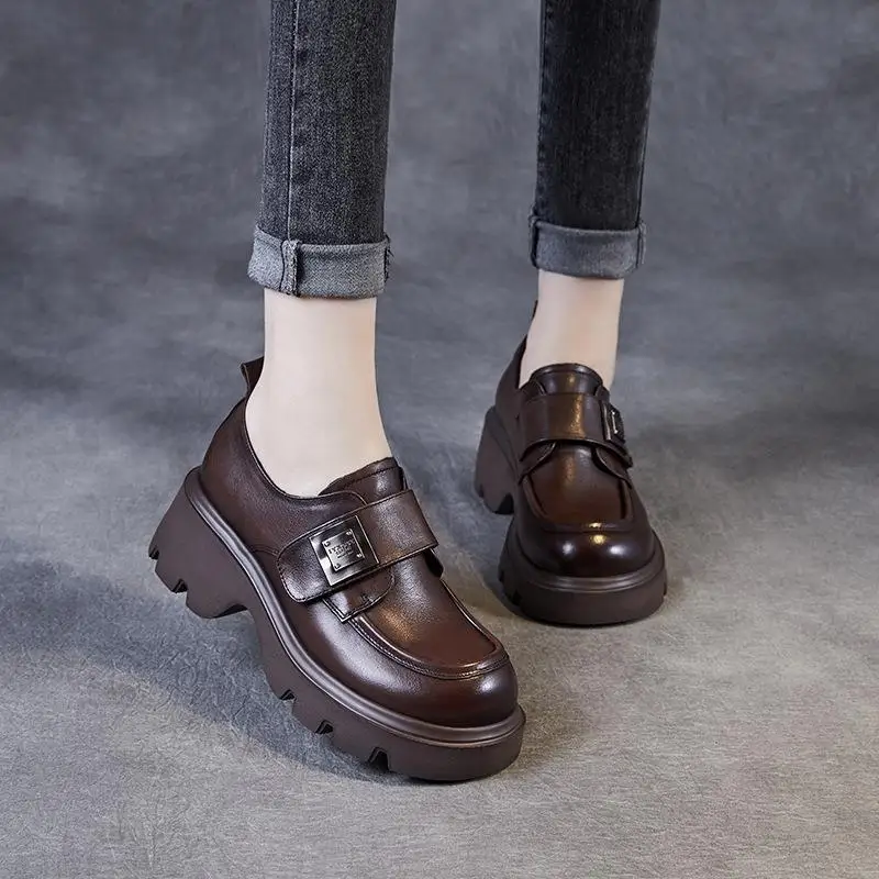 

Genuine Leather Loafers Women's New Style Chunky Heel Small Leather Shoes Metal Buckle Magic Tape Single Shoes Casual Fashion