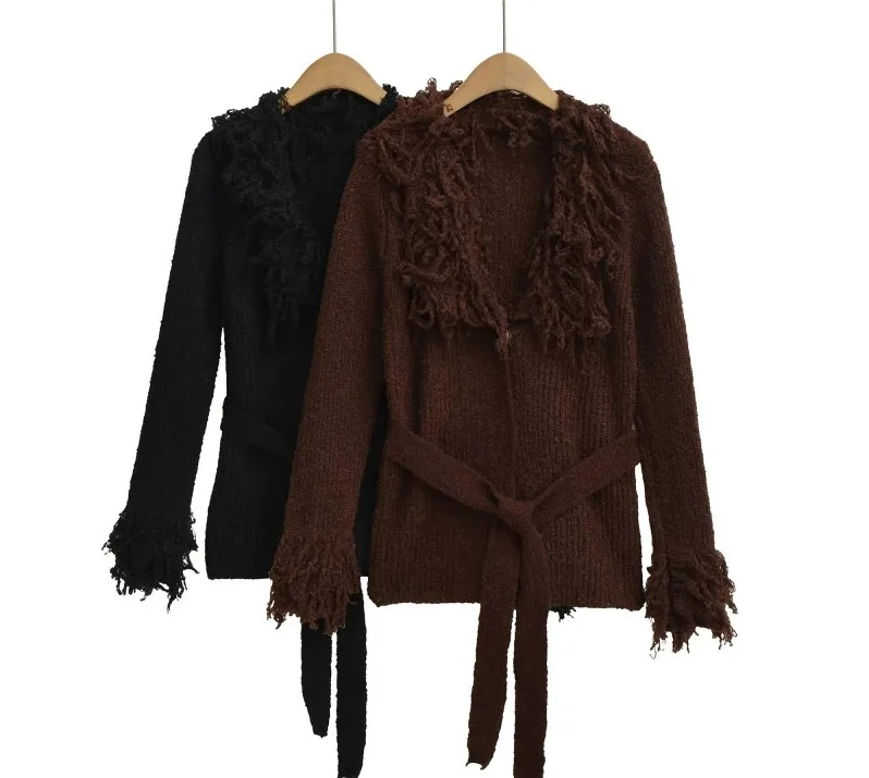 

Cardigan Solid Color Tassel Sashes Long Sleeve Sweaters 2025 New Fashion Elegant Knit Tops Women's Clothing