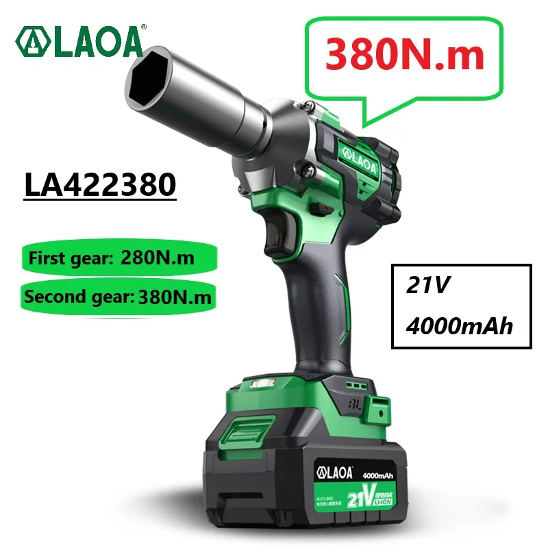 LAOA Electric Impact Wrench 21V Brushless Wrench Rechargeable Hand Drill Installation Power Tools with Li-ion Battery 380N.m