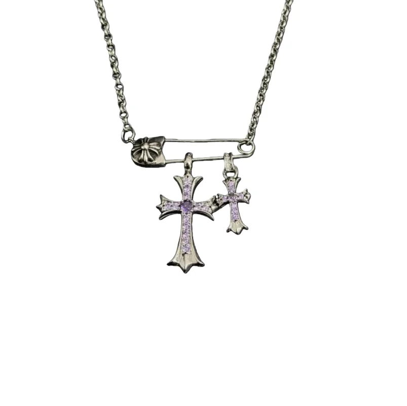

Silver-Tone Safety Pin Double Cross Pendant Necklace with Pink-Purple Rhinestones – Girly-Edgy Gothic Statement Jewelry