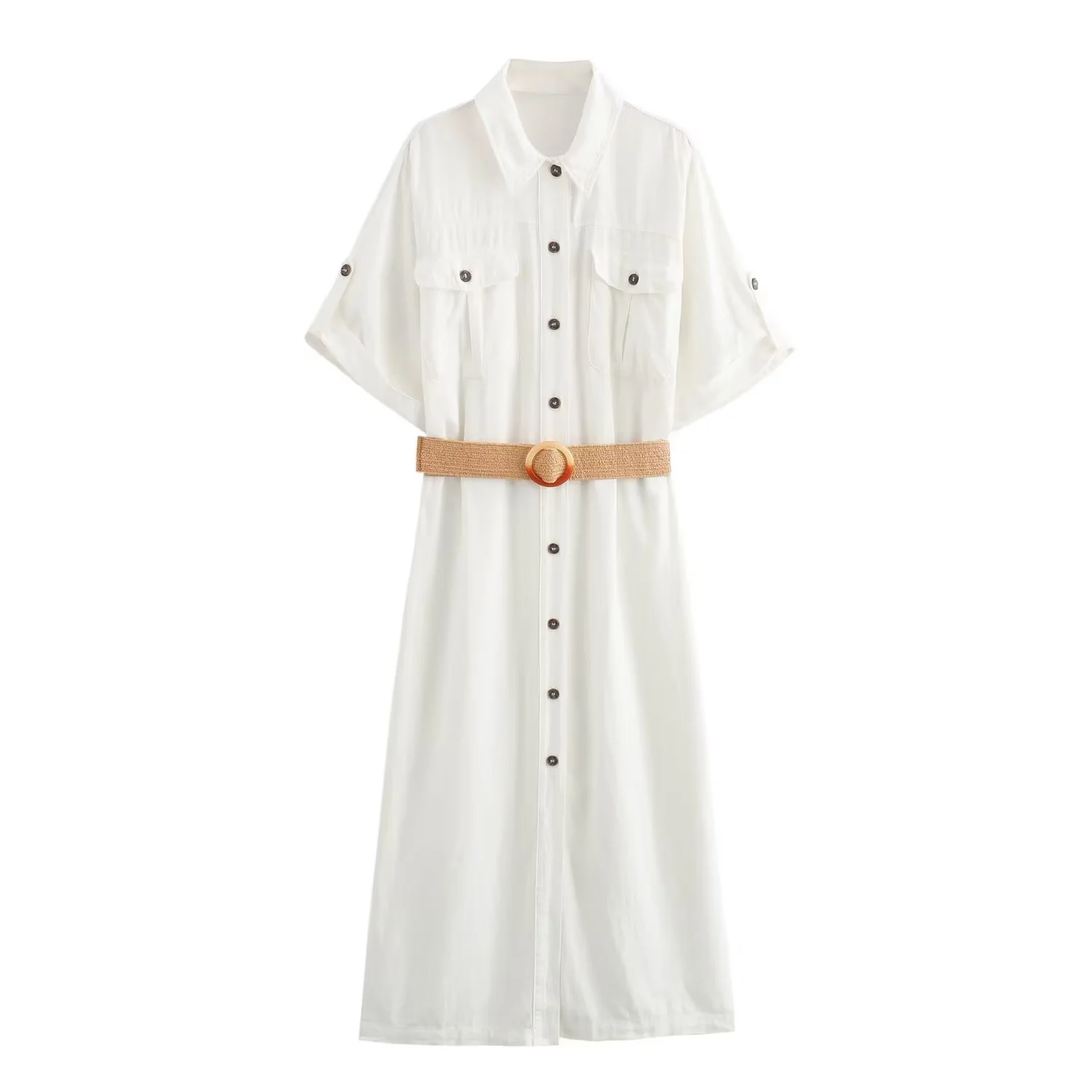 Willshela 여성 패션 화이트 코튼 린넨 셔츠 드레스 높은 허리 벨트 반팔 여성 세련된 레이디 캐주얼 롱 베스 티드