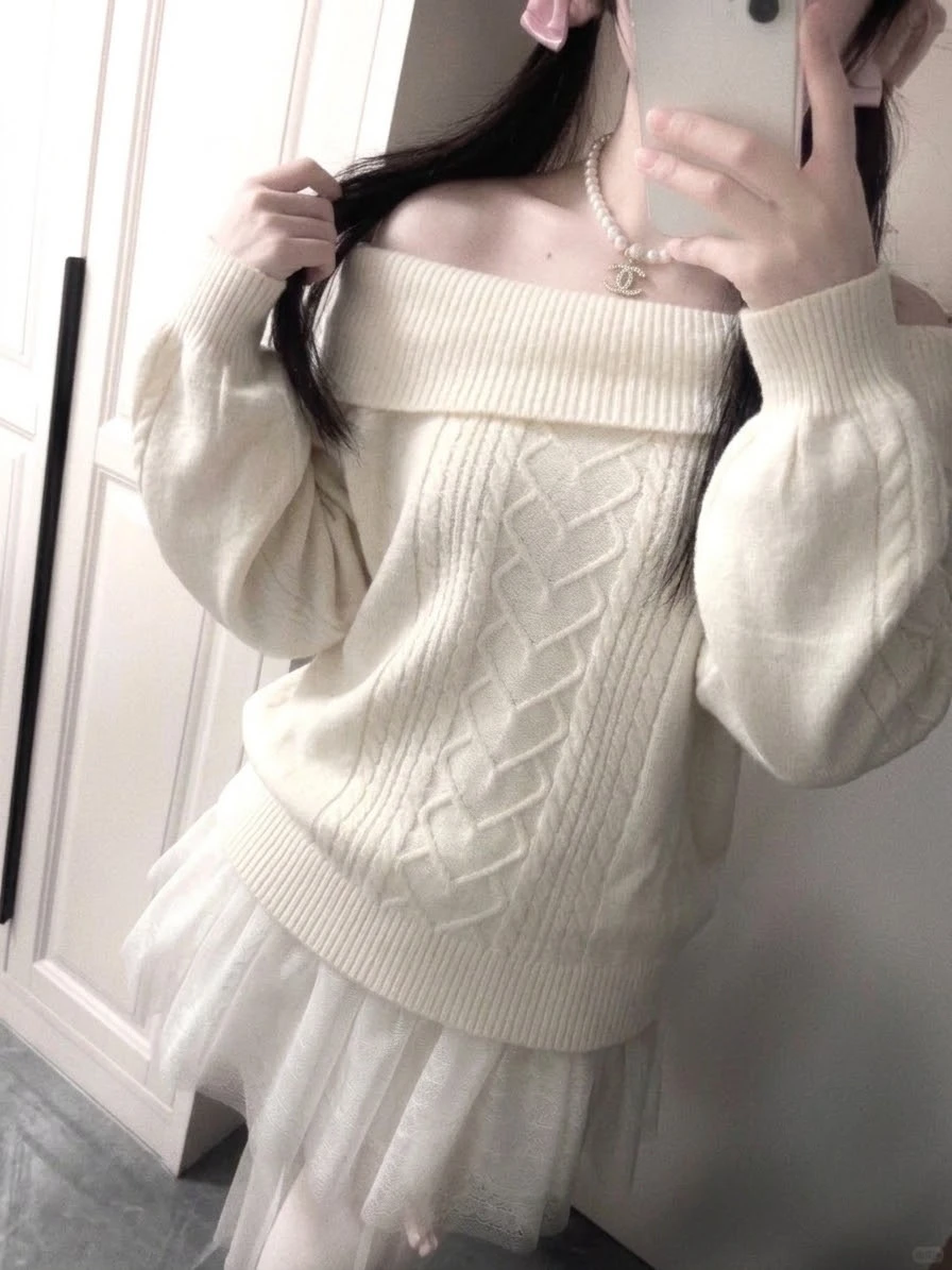 Korean Style Knit Pullover Women Off Shoulder Fold Collar Twisted Cable Knit Puff Sleeve Y2K Sweet Girl Cute Sweater Top Autumn