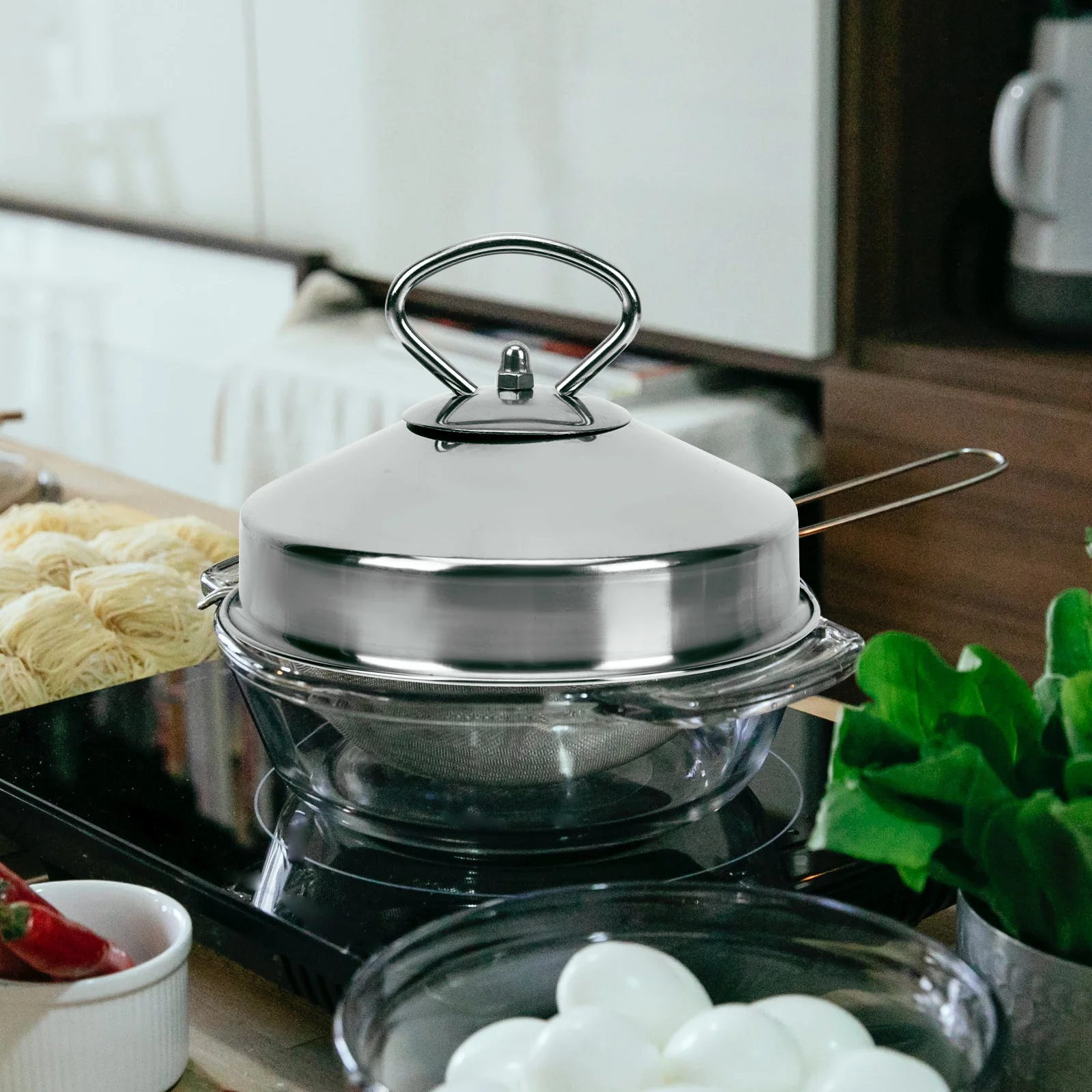 

1Pcs Dome Steamer Lid Stainless Steel Pot Cover Splash-Resistant Non-Slip Handle Kitchen Steaming Cover