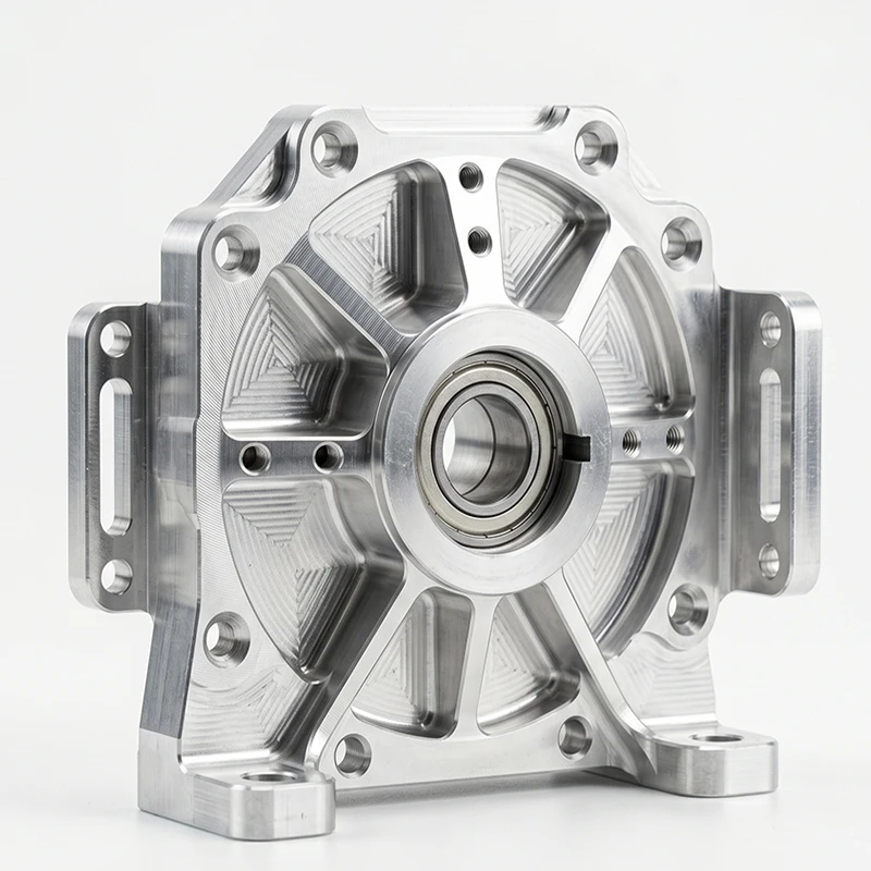 Precision 5-Axis CNC Machining Lightweight Aluminum Bearing Housing, Brushed Finish Custom Equipment Transmission Mount Frame