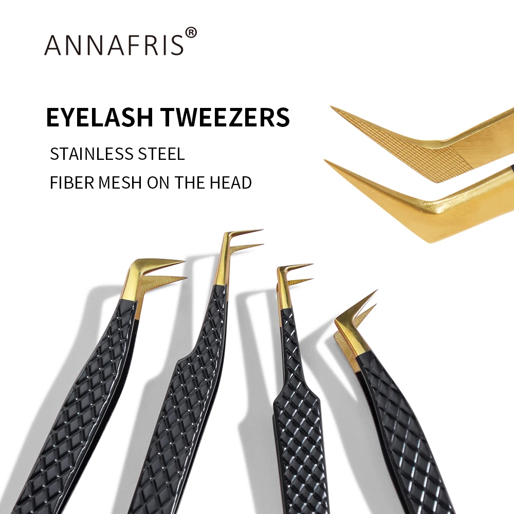 ANNAFRIS Wimpernpinzette mit Faserspitze Hochpräzise Edelstahl-Pinzette mit Gerader und Gebogener Spitze für Make-up-Tools