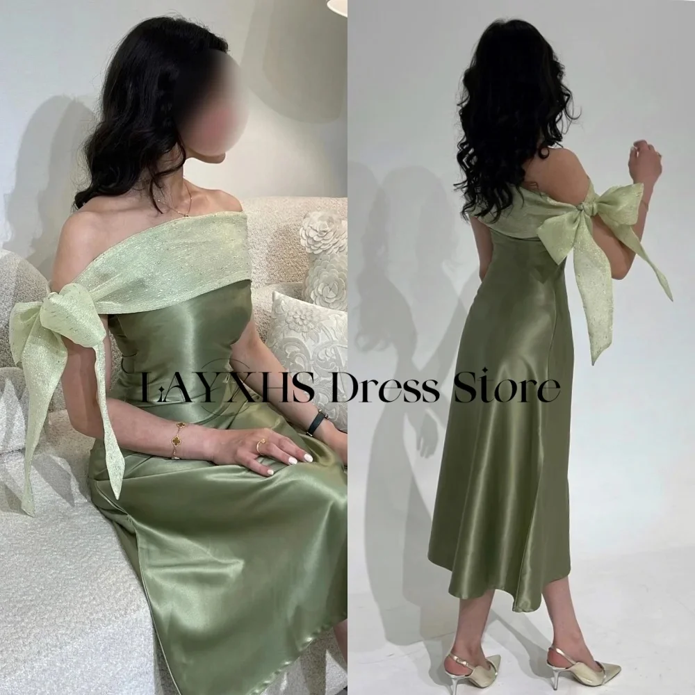 LAYXHS Exquisite schulterfreie Abendkleider, A-Linie, glänzende Schleife, knielang, für Damen, Party-Abschlussball-Kleider, individuell gestaltet