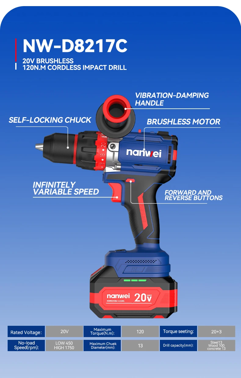 Brushless Cordless Impact Drill NANWEI Cordless 20v 13mm Ice Drill Power Tool 160NM High Torque