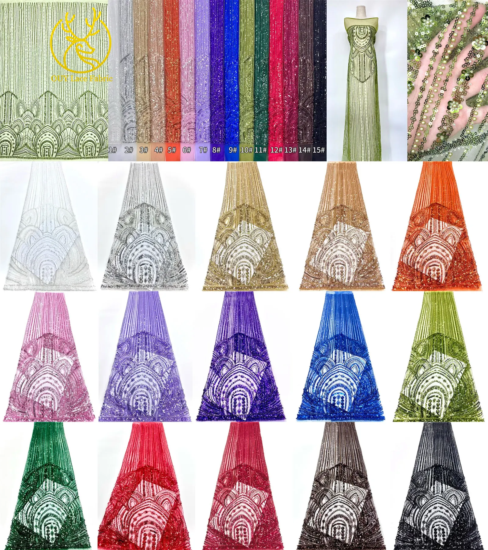 Green African Beaded Lace Fabric 2026 High-Quality French Nigerian Sequined Lace Fabric Party Dress Sewing Material 5 Yards