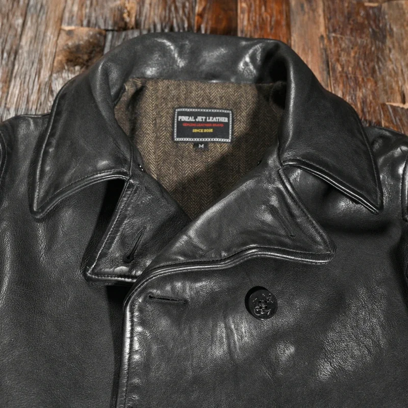 100% Genuine Leather Jacket Men Vintage Cowhide Water-dyed Sheepskin Leather Coat Male Lapel Slim Double-breasted Top Large Size