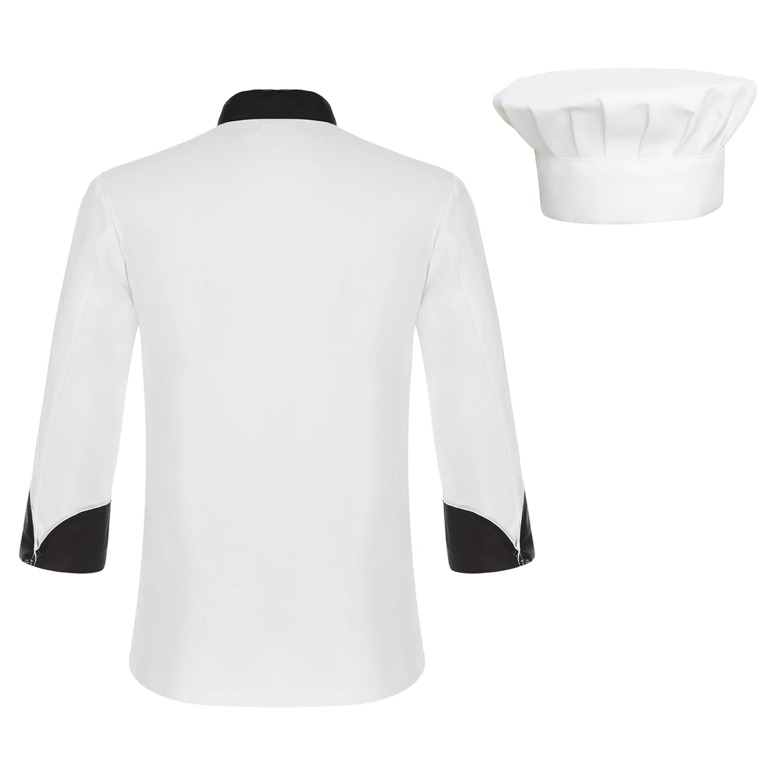 Unisex Mens Womens Chef Jacket Long Sleeve Contrast Color Coat Restaurant Kitchen Cooking Apparel Work Wear Uniform with Hat