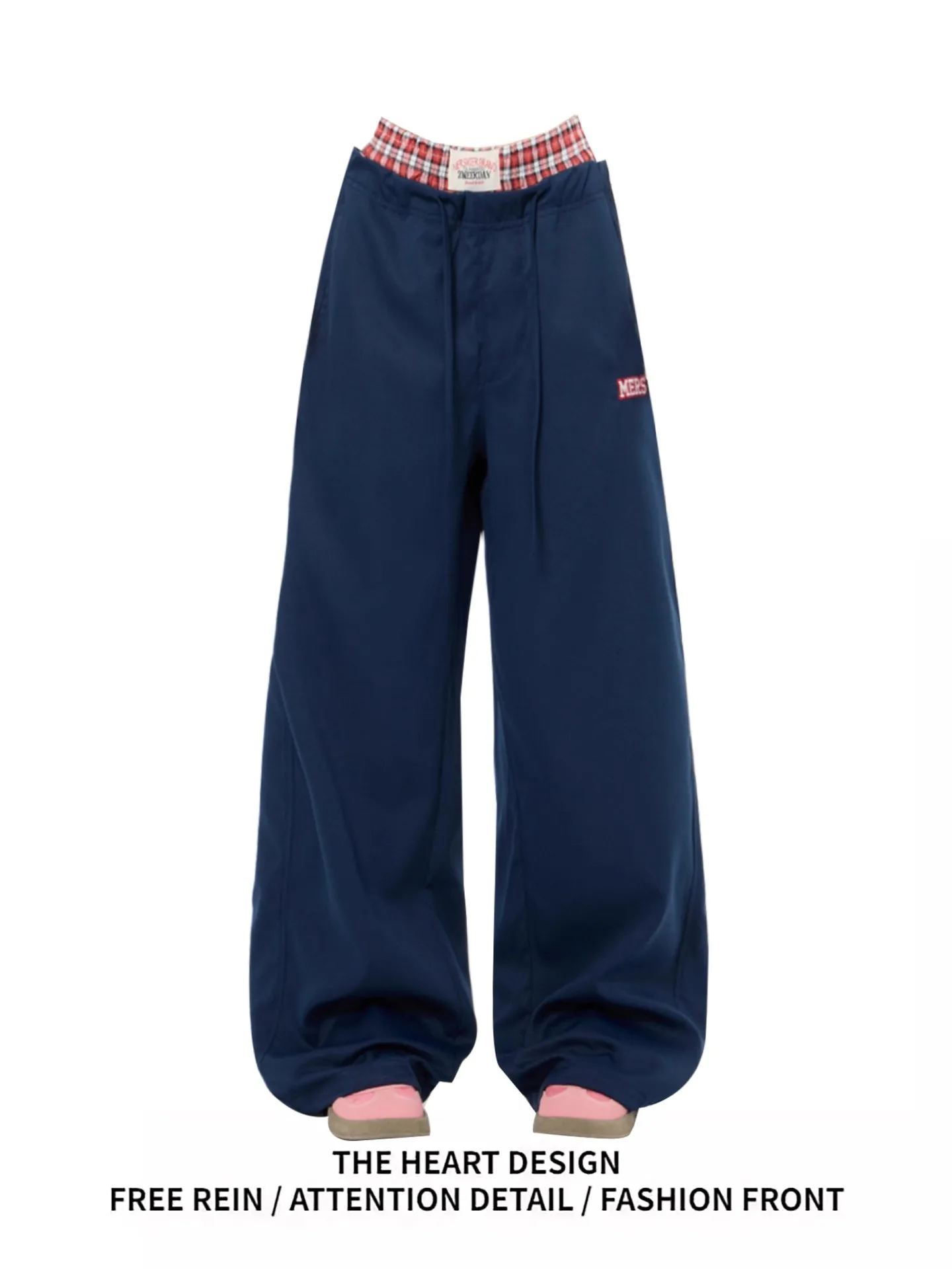 Pantalones informales Retro Spor para mujer, diseño de doble cintura con empalme a cuadros, pantalones de pierna recta de cintura alta, pantalones cómodos de ocio