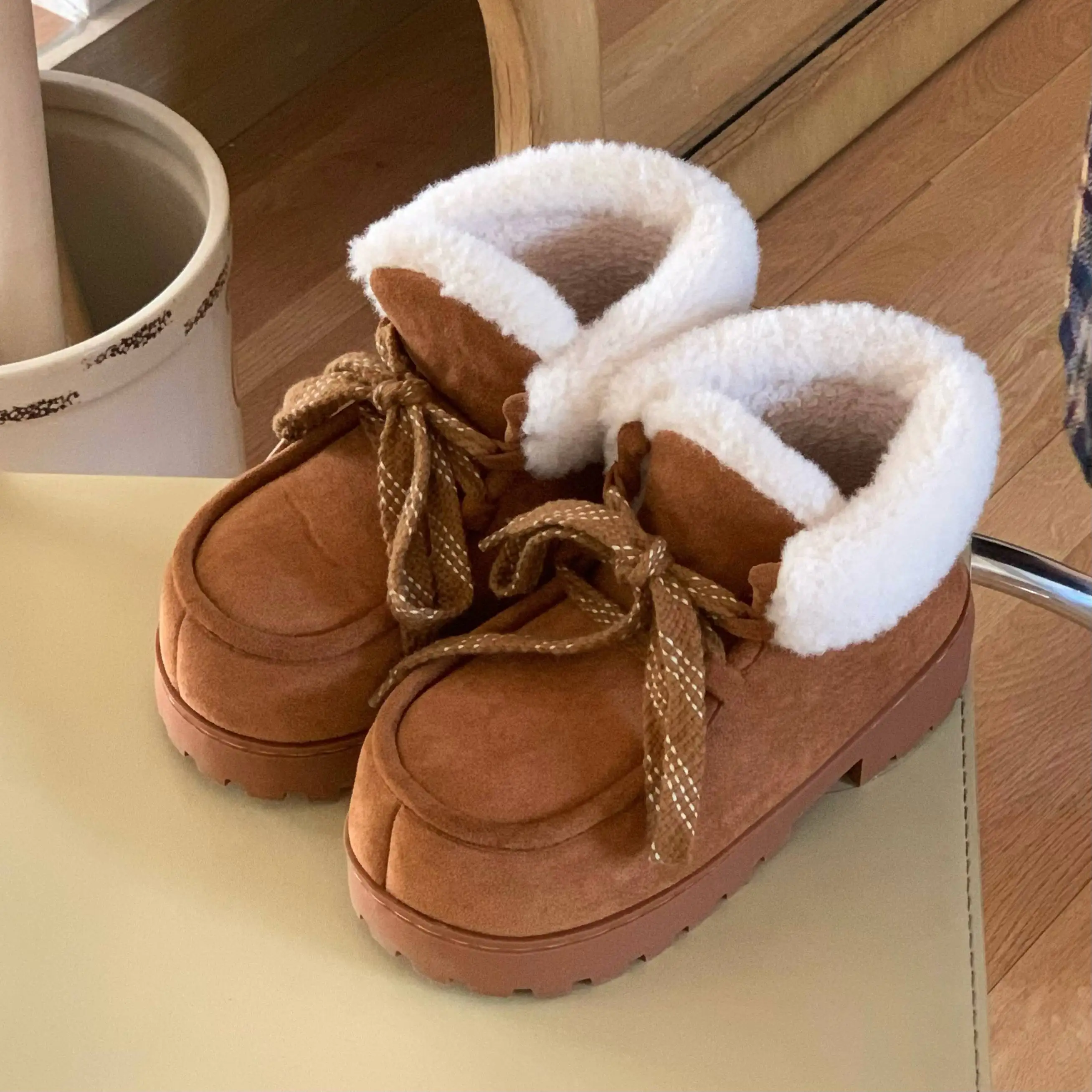 

Women's Retro Comfortable Thick-Sole Fleece-Lined Winter Anti-Slip Warm Cotton Boots Lace-Up Mid-Calf Short Boots Snow Boots