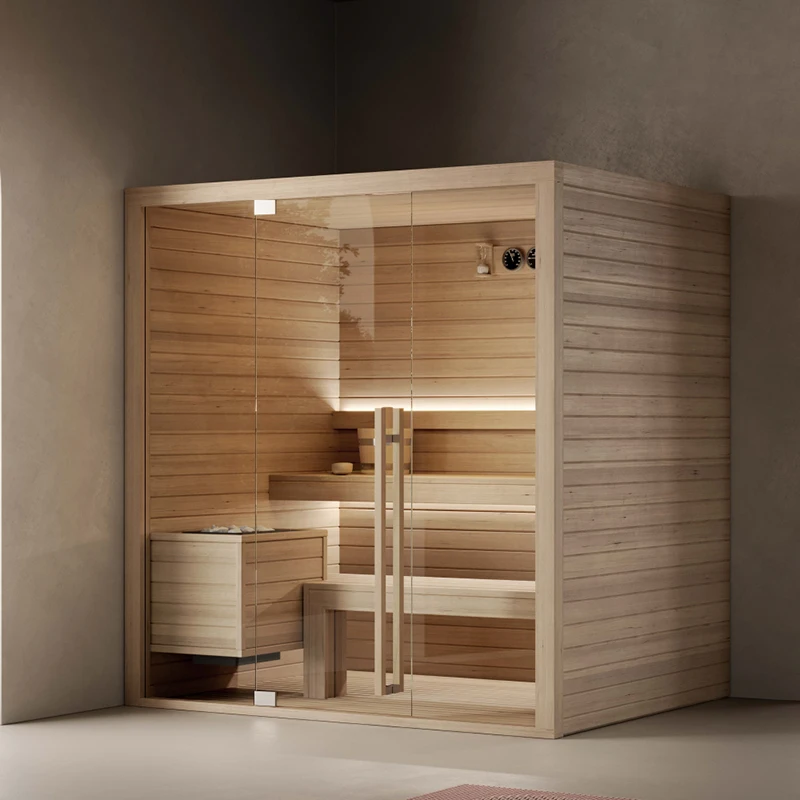New in 2024 Modern Outdoor Wet Steam Sauna with Hemlock Solid Wood Computer Control Panel Transom Windows for Villa Use
