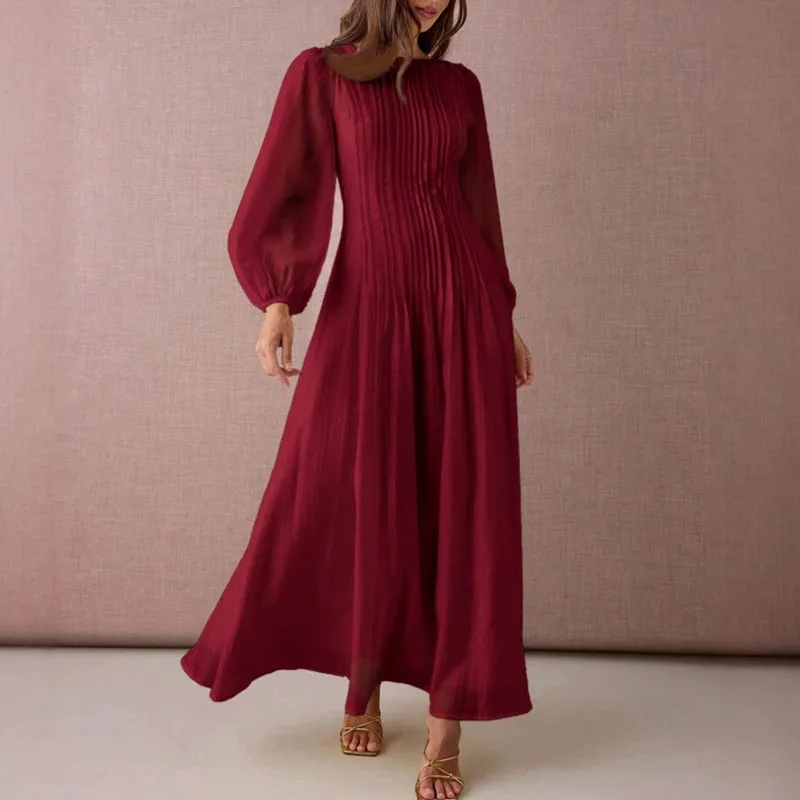 

O-Neck French Style Waist Long Dress Women's Casual Long Sleeve Texture Party Dress Personality Elegant Draped Solid Maxi Dress