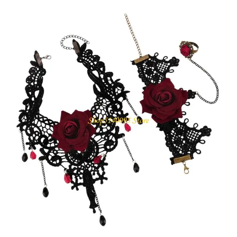 Dxae dames gotische statement sieraden set kanten choker ketting vingerringen armband