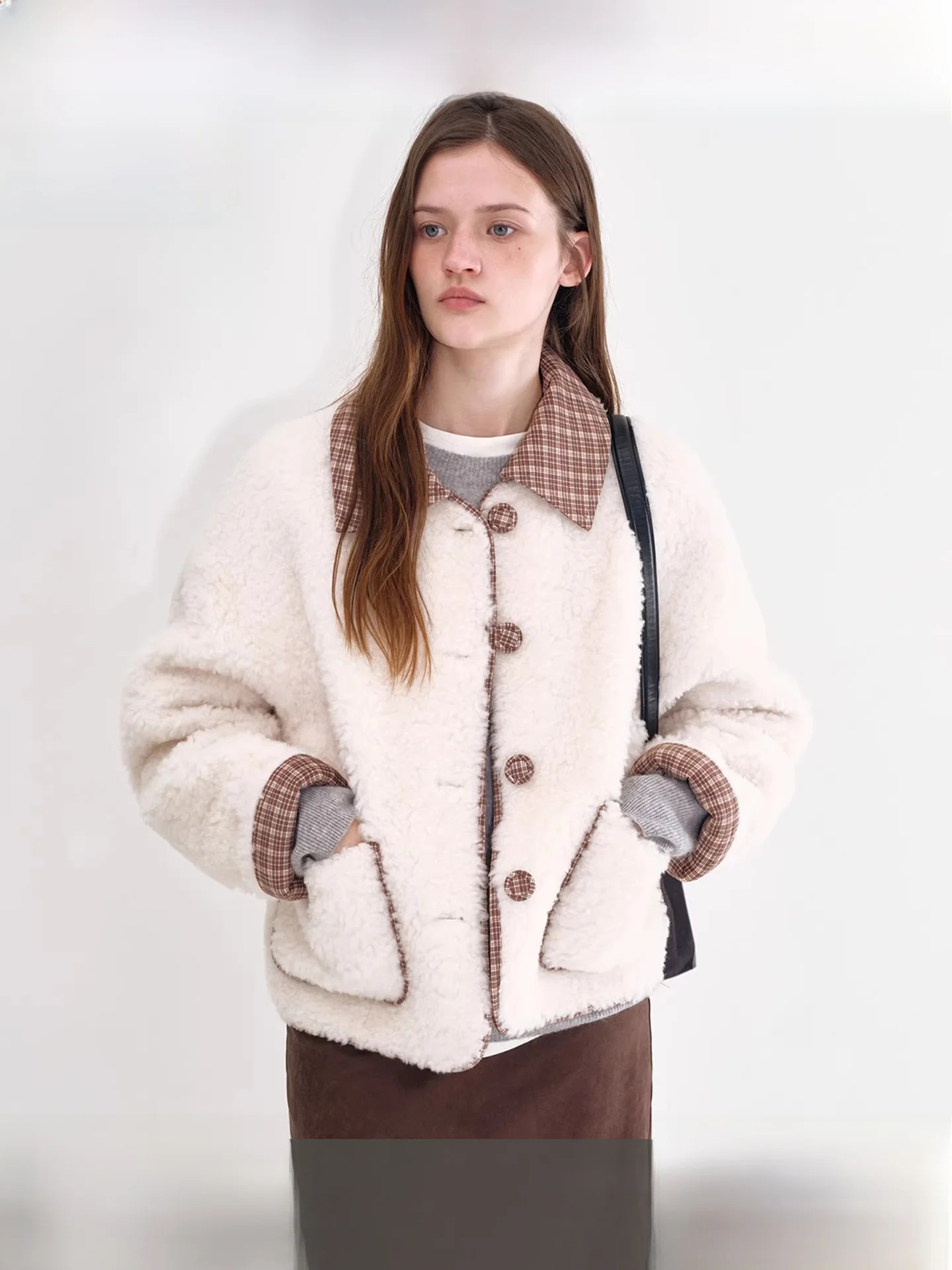 

Fano Women's Woolen Quilted Fur Jaet Loose Fit Turn-down Collar Long Sve Casual Sle Warmth ains Pattern Splicing Coat