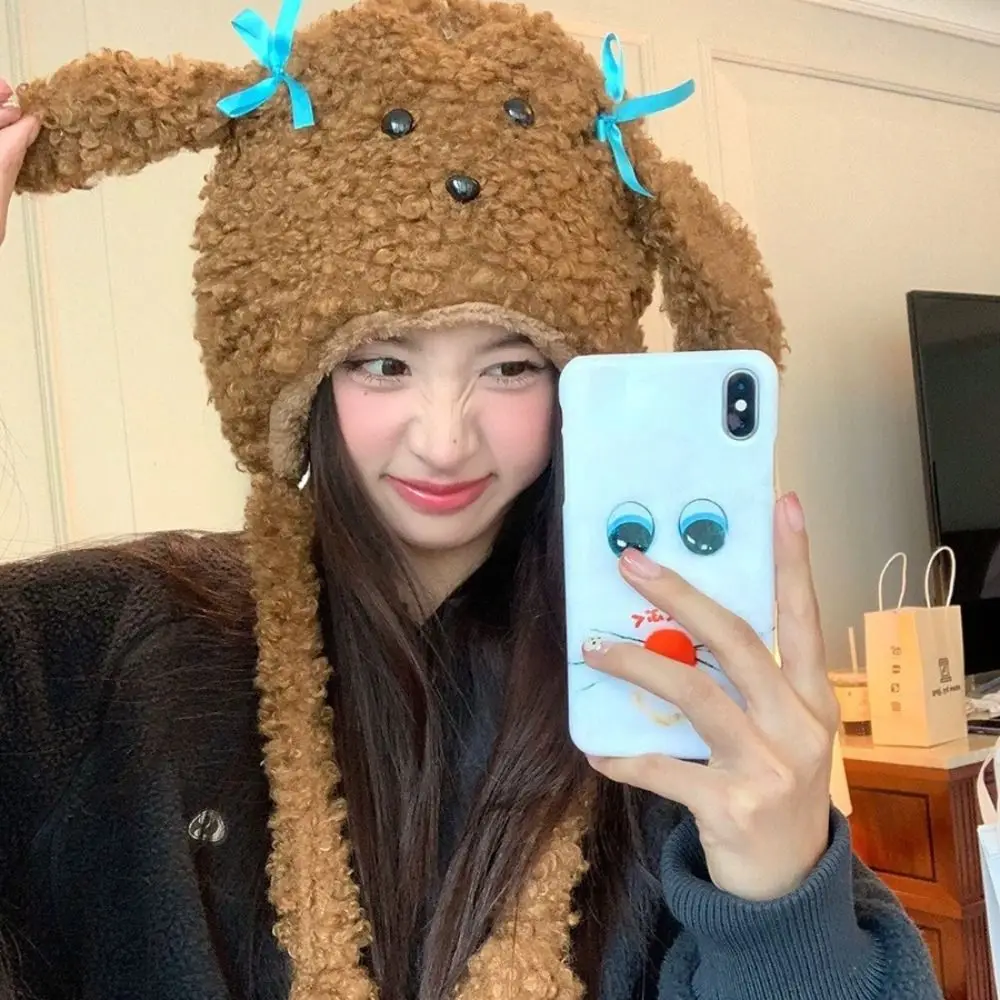 Милая мультяшная шапка с ушками щенка, ветрозащитная толстая теплая зимняя плюшевая шапка, защита ушей, однотонная шапка-ушанка