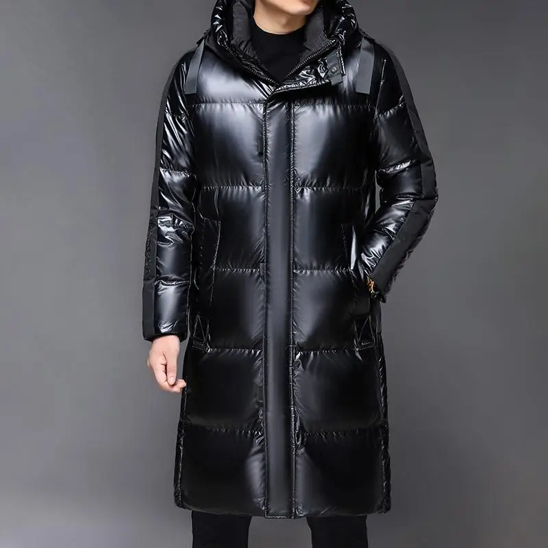 Black Mid Length Warm White Duck Down Jacket Men\'s Winter Hooded Bright Long Puffer Coats Outwear High-End Thick Top Down Parkas