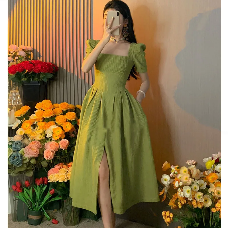 Vestido Midi de una pieza para mujer, traje elegante con cuello cuadrado, manga abullonada, cintura ajustada, color verde, 2024