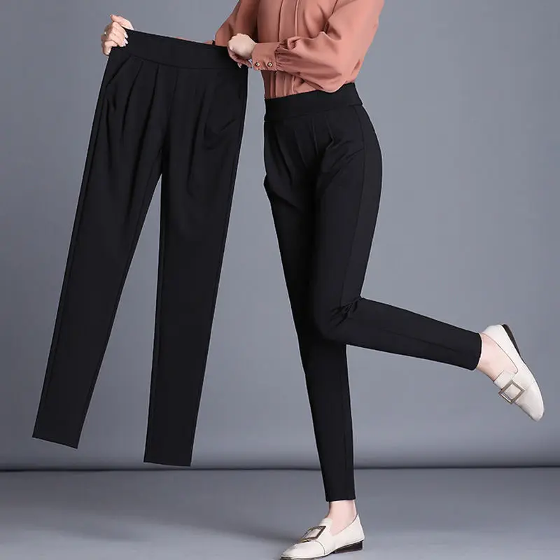 Autumn Winter New All-match Plus Velvet Thickening Pockets Slim Black Pants Women Casual Elasticity High Waist Harem Trousers