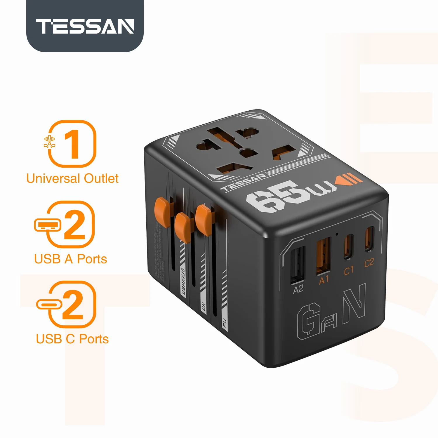 TESSAN 140 W 100 W 65 W 35 W internationale stekkeradapter GaN reisadapter met universeel stopcontact 1 USB A 3 Type C snellader voor EU/UK/USA/AUS