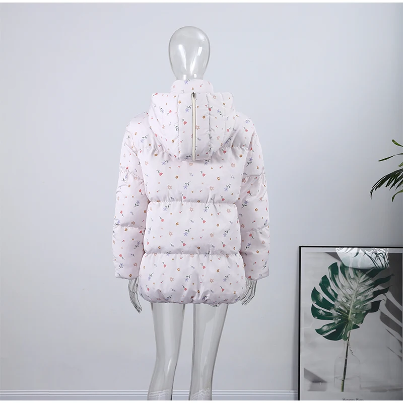 Women's Floral Print Hooded Puffer Jacket with Bow Decor Cute Oversized Winter Warm Coat Loose Casual Feminine Outerwear Fashion