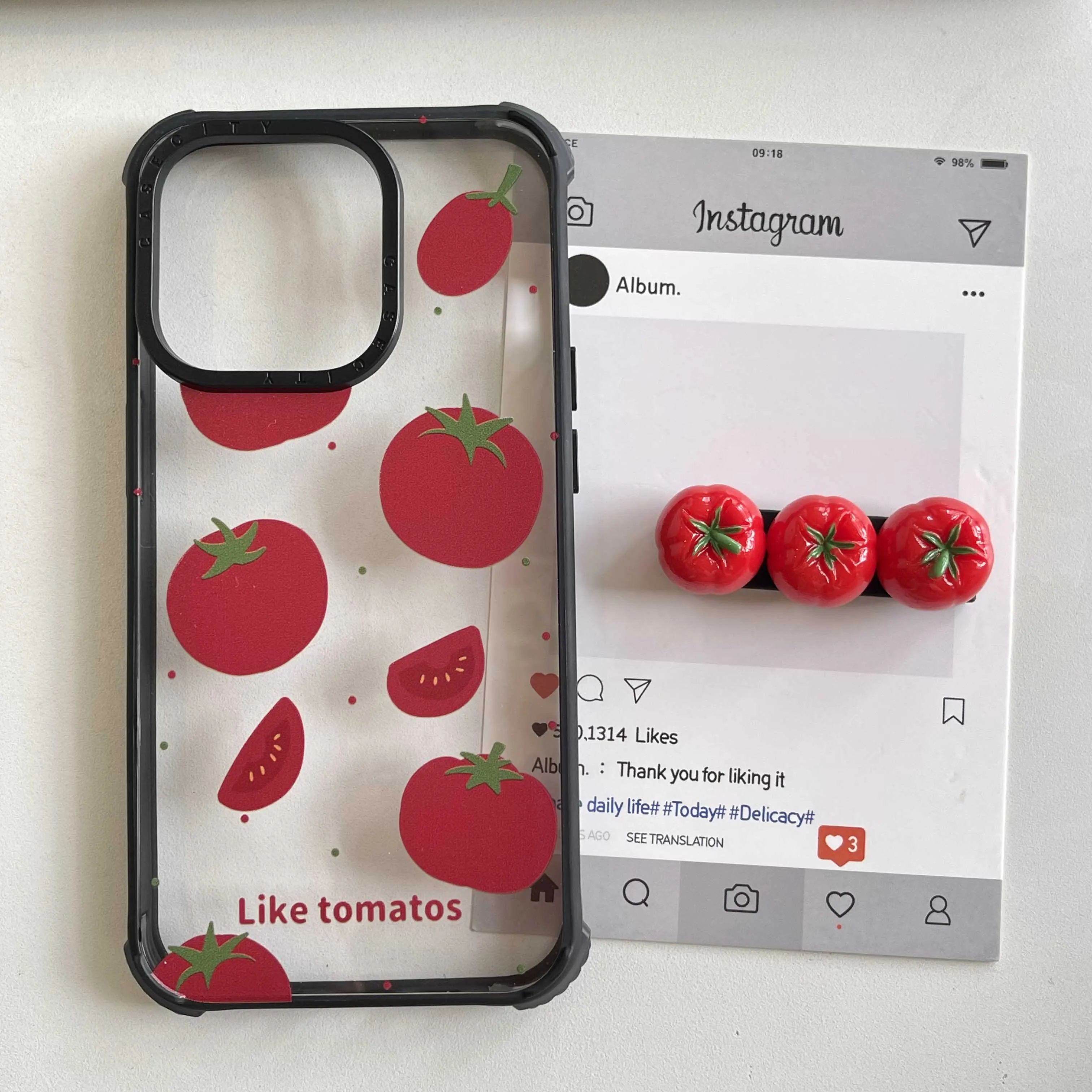 3D cute tomato stand holder transparent cover for iphone 14promax 15promax 14pro 14 13 15 13pro summer blacke frame phone case