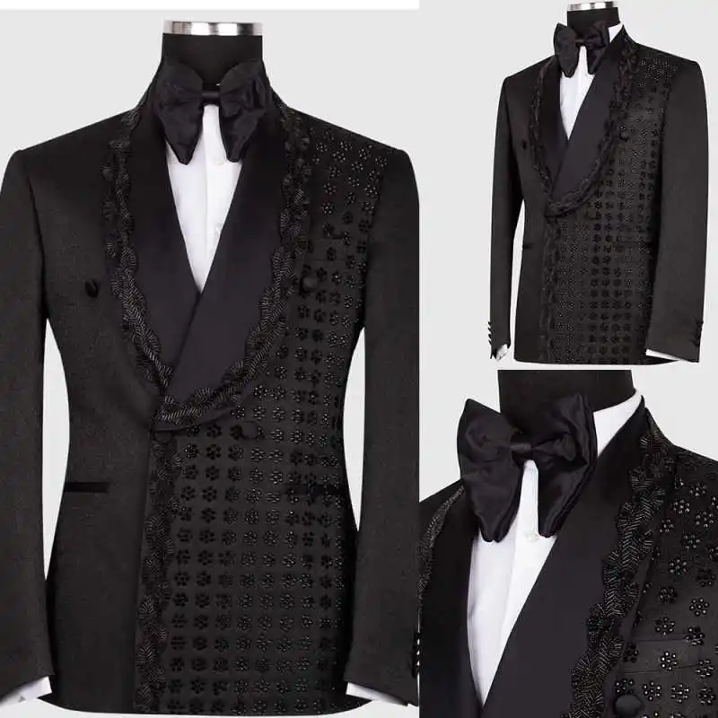 

Luxurious 1 Pieces Men Tuxedos Shawl Lapel Double Breasted Jacket Blazer Crystals Beaded Prom Wedding Groom Wear Custom Made