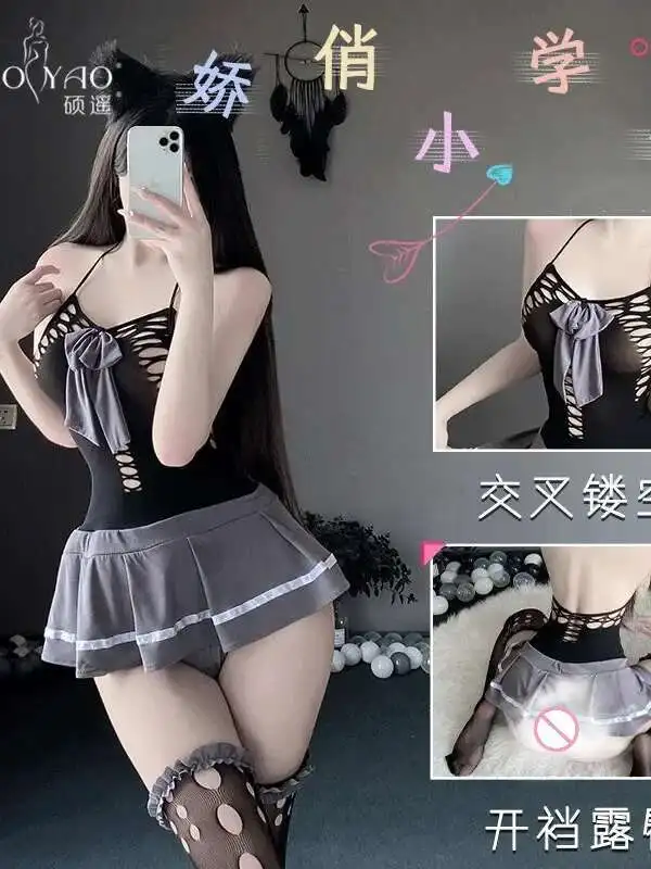 女性甘いファッション JK ミニドレス透明中空セクシーなメッシュドレスエレガントな学生制服スプライシングメッシュ服 KQ96