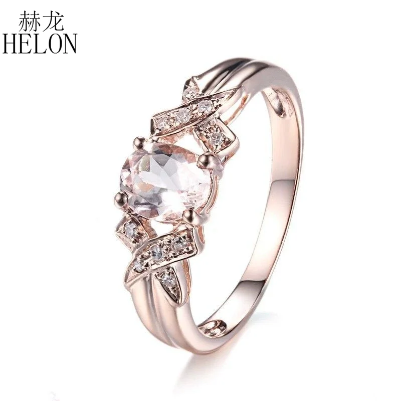 HELON Solid 14K Rose Gold Oval 7x5mm Natural Morganite Diamonds Engagement Ring For Women Wedding Band Anniversary Bridal Gift