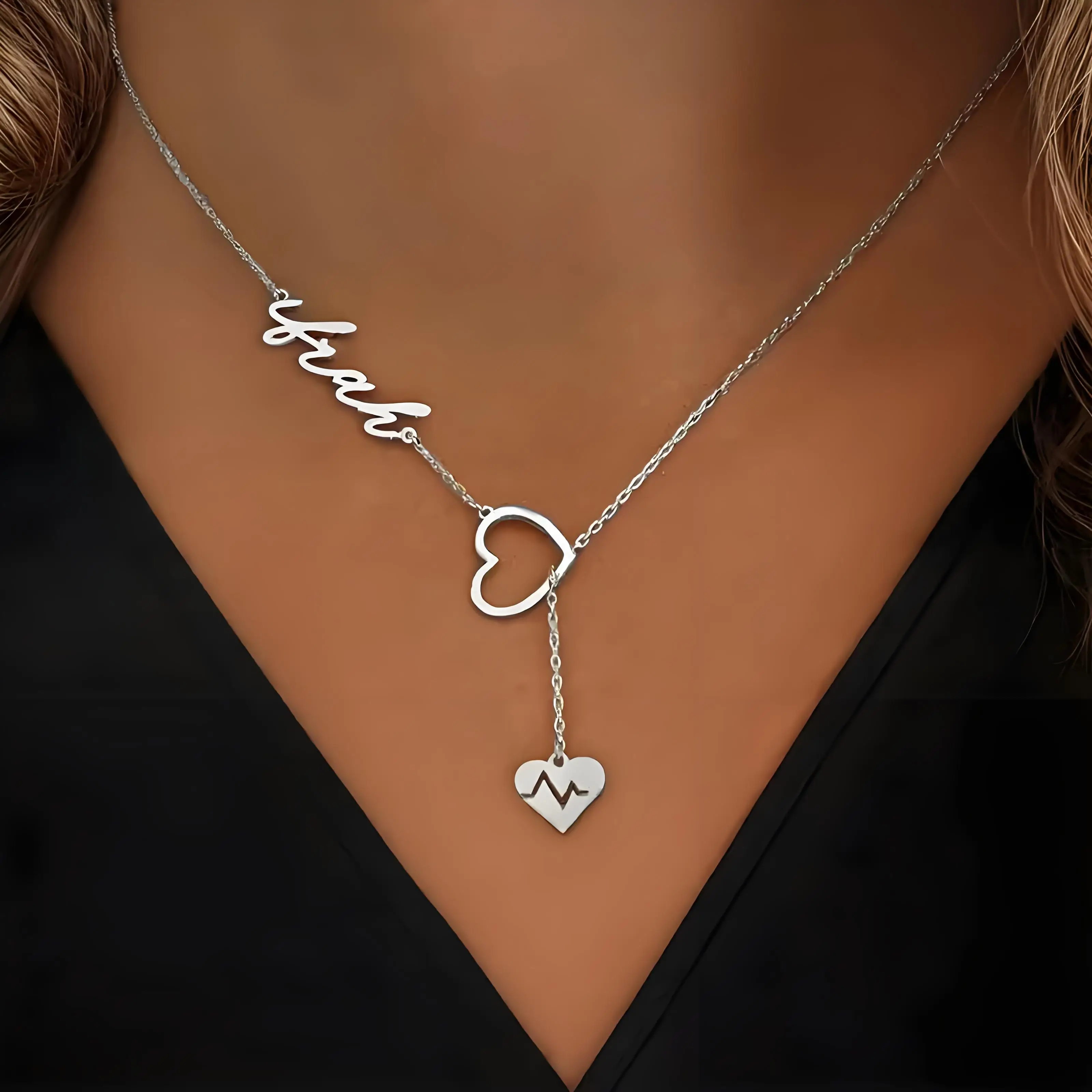 Personalized Couple Heartbeat Name Necklace, Y - Shaped Chain Custom Jewelry, Ideal Valentine's Day Gift