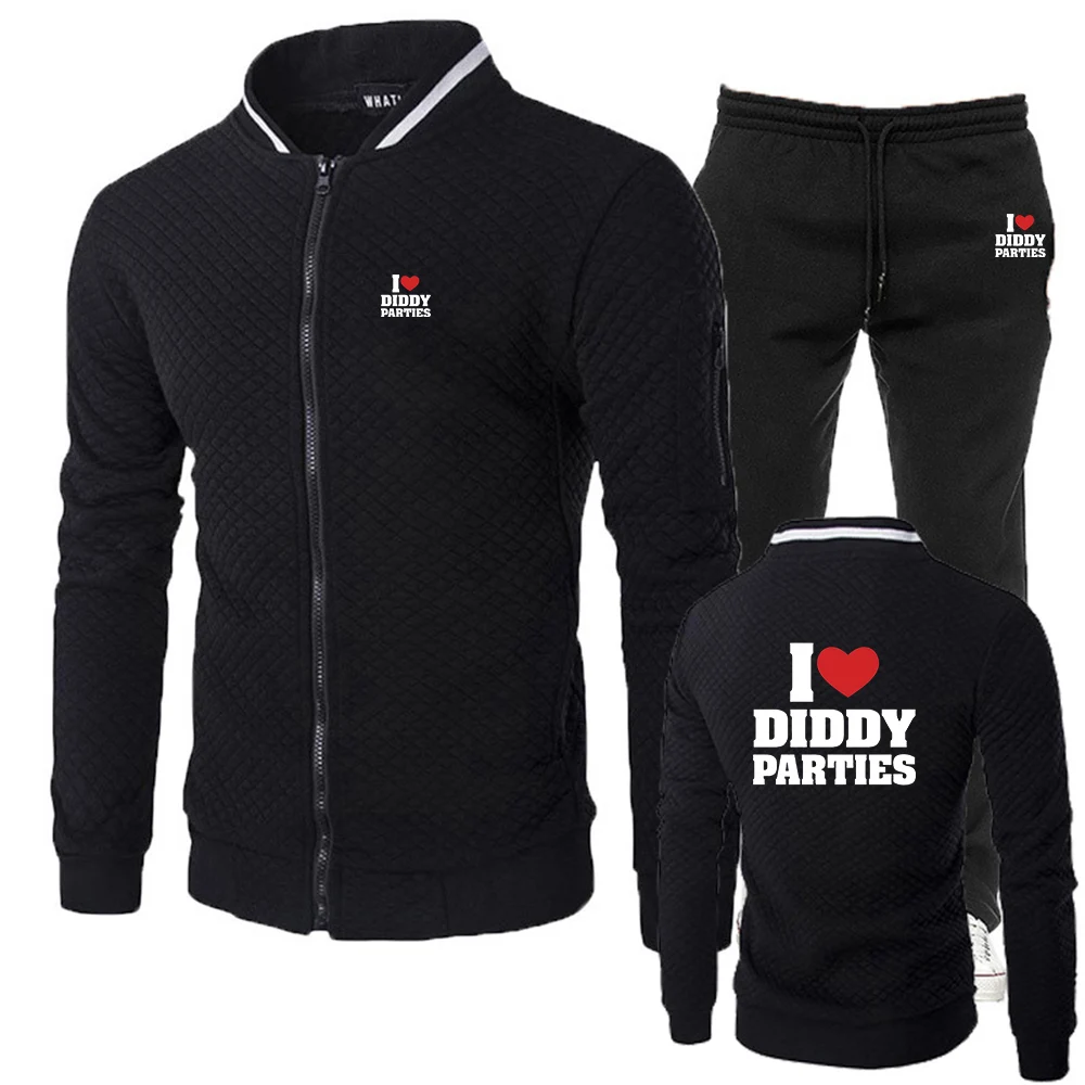 

2025 Spring Autumn Men's I Love Diddy Parties Funny New Slim-fit Set Stand-up Collar Casual Jacket+Trouser Sports Suit