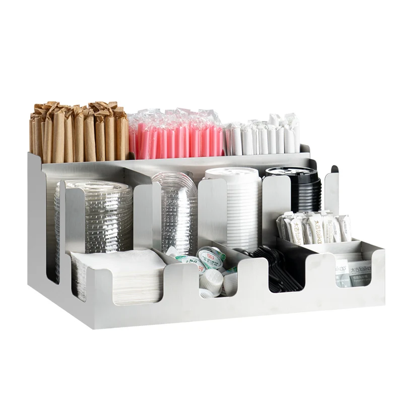 

Disposable Straws Storage Box Milk Tea Multi-Functional Stainless Steel Lid Tissue Box Coffee Bar Storage Box Commercial