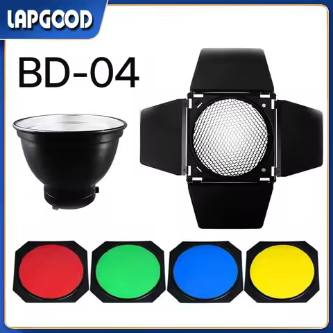 BD-04 Barn Door with Honeycomb Grid and 4 Color Gel Filter For Bowen Standard Reflector Photography Studio Flash Accessory