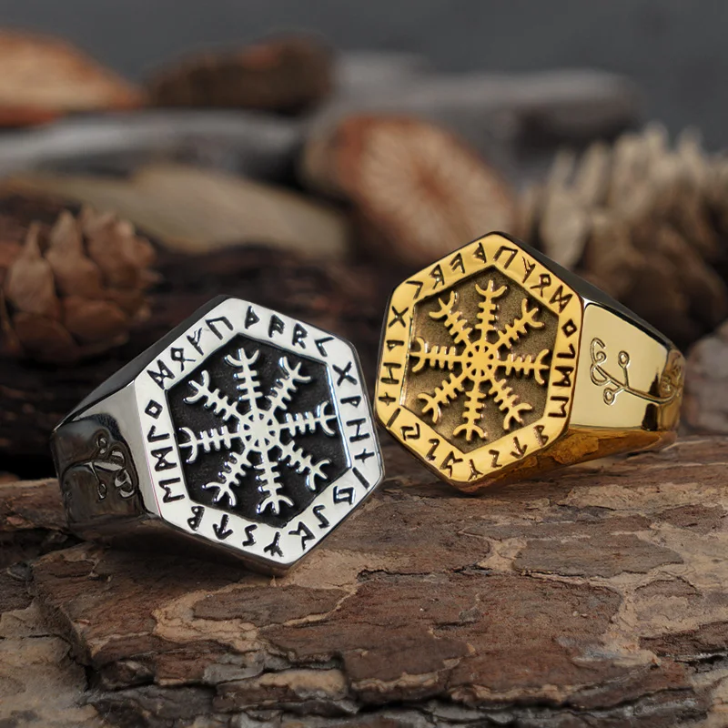 

‌Vintage Valknut Viking Ring for Men Stainless Steel Norse Pagan Jewelry Gothic Compass Hexagon Thumb Band Punk Anniversary